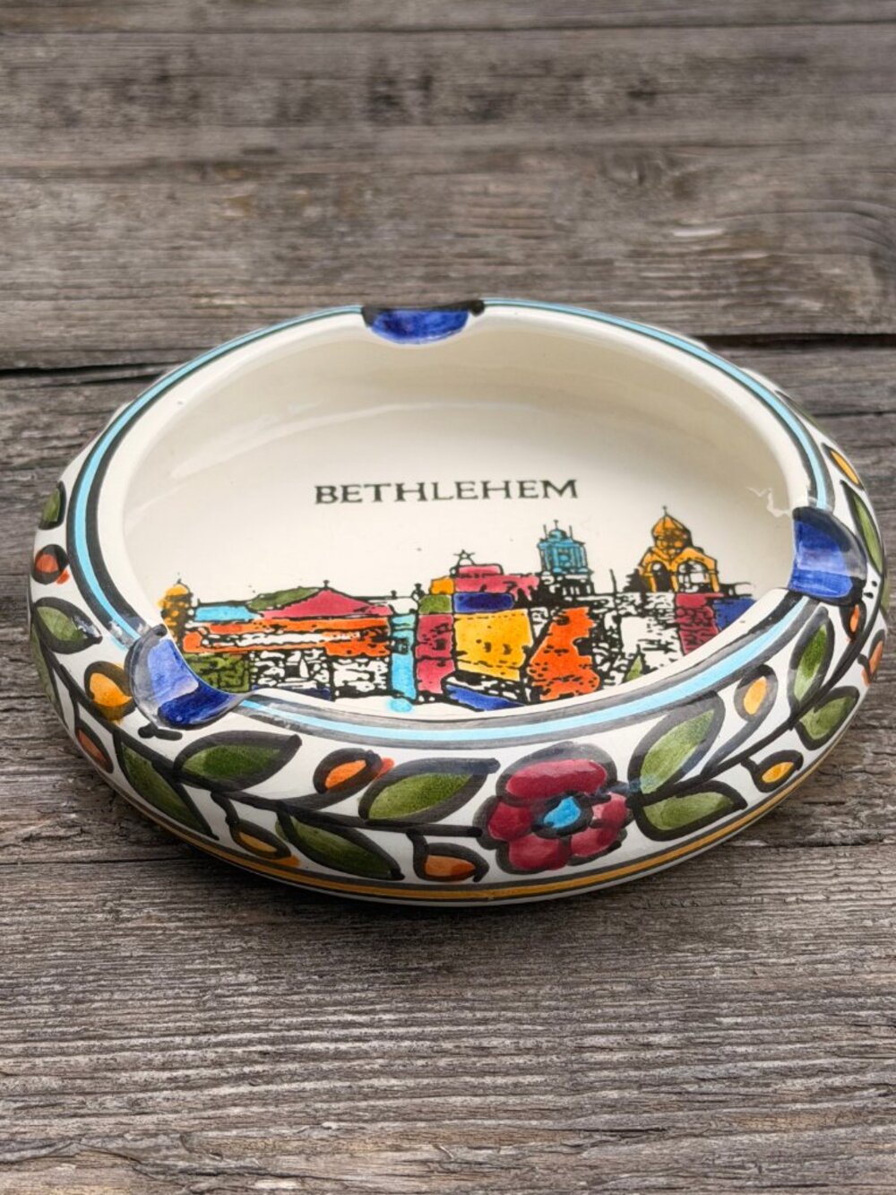 Vintage Ceramic Colorful Ashtray Holy Land Bethlehem Religious Souvenir Pottery